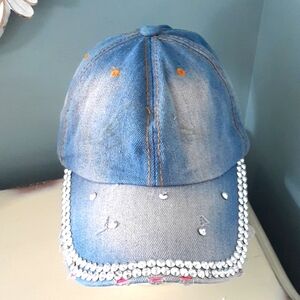 % Vintage 90s bedazzled and distressed Denim Cap